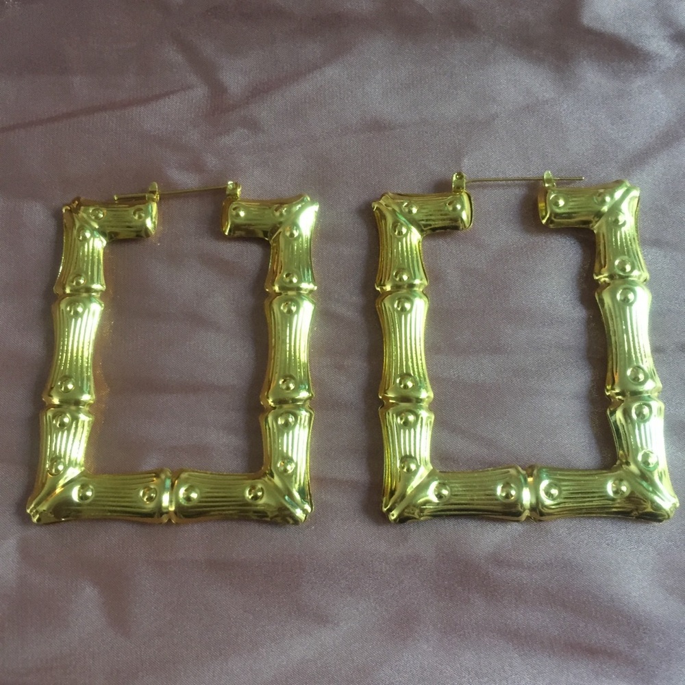 🎋 Lovely Oversized Hollow Rectangle Jointed Bamboo Metallic Statement Hoops 🎋